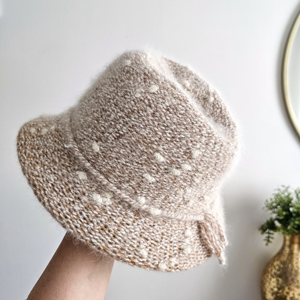 VTG Gimbels Italian Beige Knit Bucket Fedora Hat Angora Rabbit/ Wool Blend